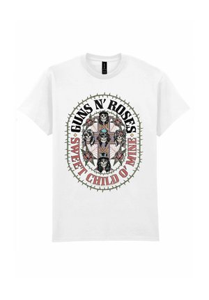 T-shirt blanc avec le logo de Guns N' Roses représentant des crânes portant des bandanas et des chapeaux autour d'une croix avec des roses et un cercle de barbelés.