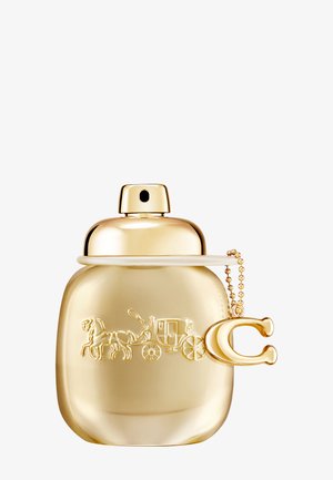 Goldfarbene Parfümflasche mit abgerundeter Form, geprägt mit Pferd-und-Kutsche-Motiv, dekorativer Kette und rundem Verschluss.