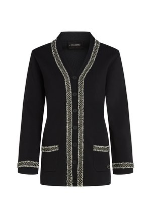Cardigan nero con scollo a V, chiusura a bottoni, due tasche frontali e rifiniture testurizzate in argento e bianco lungo i bordi.