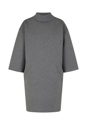Graues Sweatshirtkleid mit Stehkragen, lockerer Passform, kurzen, weiten Ärmeln und zwei vorderen Taschen, aus weichem, strukturiertem Stoff.