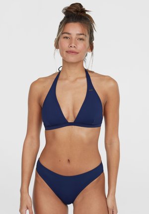 Navy-blaues Bikini-Set mit einem Halterneck-Design, bestehend aus einem dreieckigen Oberteil und passendem tief sitzendem Höschen, gefertigt aus glattem, elastischem Material.
