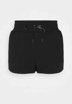 Zwarte katoenen shorts met een elastische tailleband en een trekkoord, voorzien van een gladde textuur en een eenvoudig ontwerp zonder extra patronen.