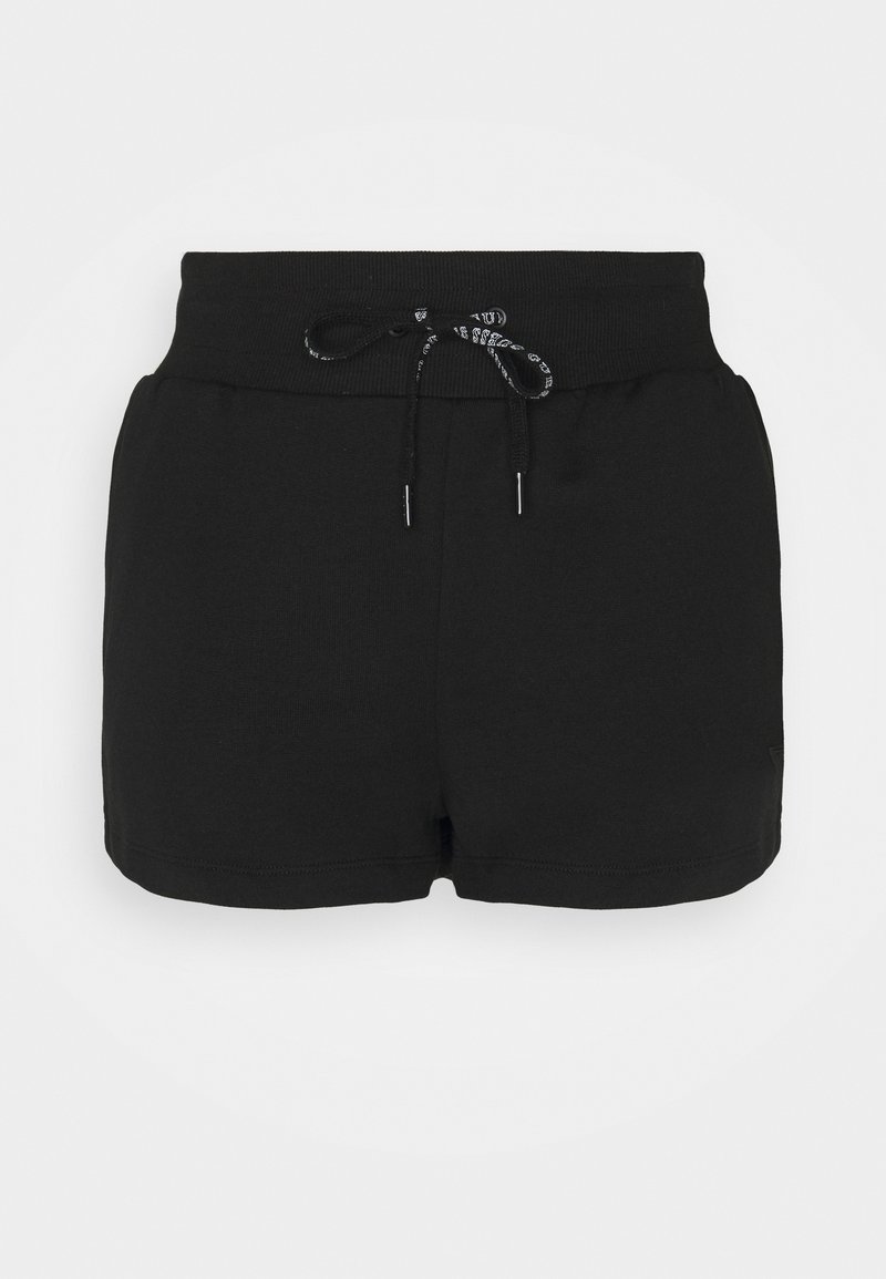 Black cotton shorts with an elastic waistband and drawstring, featuring a smooth texture and a simple design without additional patterns.