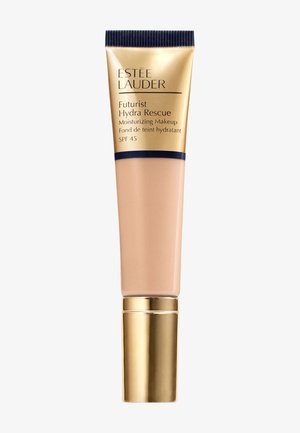 Estee Lauder Futurist Hydra Rescue tube med et blødt beige produkt, guld- og marineblå accenter, let tekstur og SPF 45 mærkat.