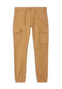 Tan cargo-byxor med elastisk midjeband, dragsko, två sidofickor och två lårfickor. Tillverkade av slitstarkt tyg med en mjuk textur.