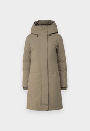 Cappotto imbottito kaki con chiusura a zip e bottoni, cappuccio rimovibile, polsini a coste, texture liscia e design fino al ginocchio.