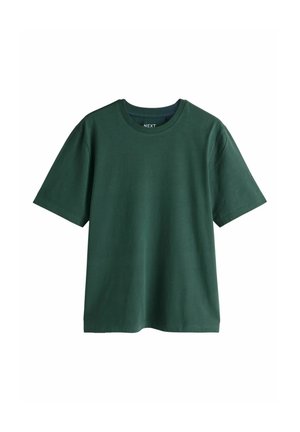 Donkergroene T-shirt met korte mouwen en ronde hals, losse pasvorm, afgebeeld tegen een witte achtergrond.