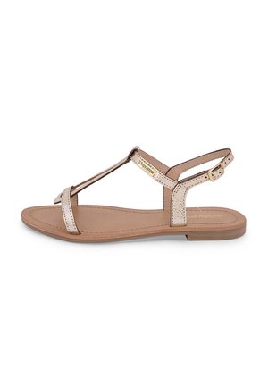 Sandalo piatto in pelle rosa metallizzato e beige, con design a T-strap, fibbia regolabile alla caviglia e una soletta testurizzata.