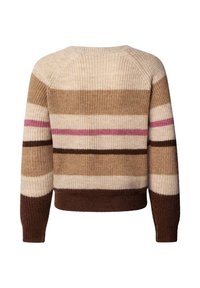 Pull tricoté à rayures horizontales en crème, beige, marron et une seule rayure rose au dos et sur les manches.