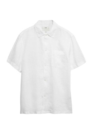 Hvid kortærmet skjorte lavet af hør med spidst krave, knapstolpe og en enkelt brystlomme. Glat tekstur og minimalistisk design.