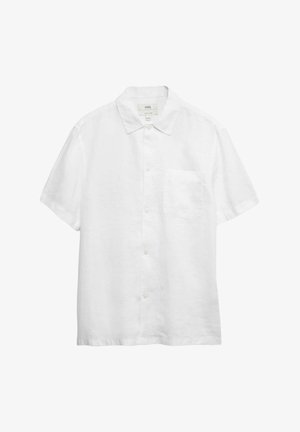 Weißes kurzärmeliges Hemd aus Leinen mit spitzem Kragen, Knopfleiste und einer einzelnen Brusttasche. Glatte Textur und minimalistisches Design.