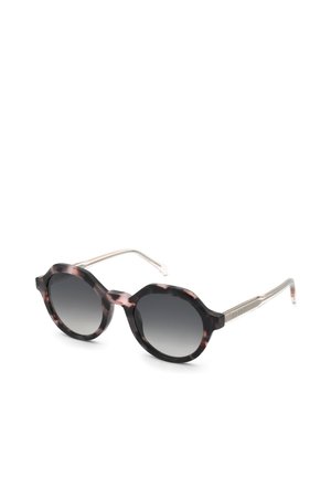 Lunettes de soleil rondes en écaille avec des verres à dégradé foncé et des branches fines en métal doré sur fond blanc.