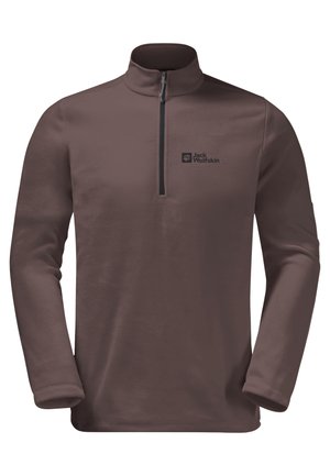 Brun fleecetrøje med lange ærmer, kvartlynlås og Jack Wolfskin-logo på venstre bryst.