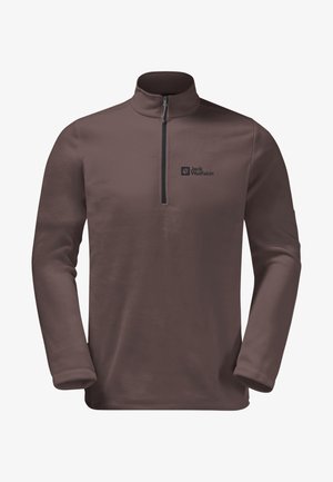 Brun fleecetrøje med lange ærmer, kvartlynlås og Jack Wolfskin-logo på venstre bryst.
