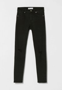 Jeans skinny negros hechos de mezclilla, con una cintura alta, detalles desgastados en las rodillas y cierre de botón metálico.