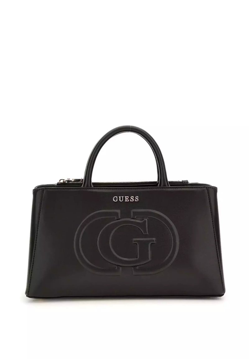 Borsa a mano in pelle nera con logo doppio G in rilievo sul davanti, marchio "GUESS" in argento, forma strutturata e manici superiori per il trasporto.