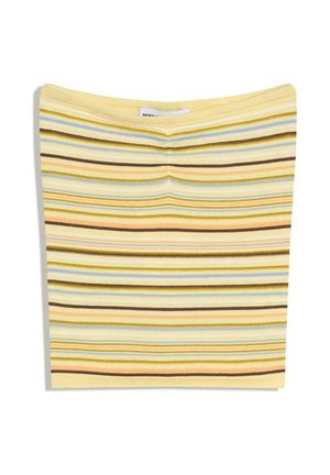 Fustă tricotată galbenă cu dungi orizontale în albastru, maro, portocaliu și alb, pliată plan pe un fundal alb.