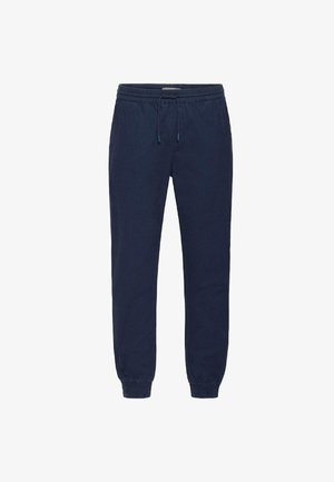 Marineblauwe joggers van zacht stof, met een elastische tailleband met trekkoord, omgeslagen enkels en zijzakken.