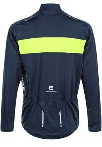 Marineblaue Radjacke mit einem hellgelben reflektierenden Streifen, langen Ärmeln, Reißverschluss-Rückentaschen und elastischem Saum für einen sicheren Sitz.