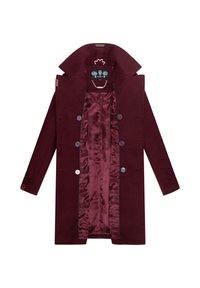 Bordeaux wollen jas met satijnen voering, dubbelzijdig ontwerp, geknipt kraag en decoratieve knopen. Glad textuur en op maat gemaakte snit.