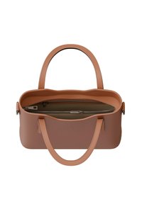 Brown, rounded tote bag made of smooth material with dual handles, featuring a zippered interior pocket and a contrasting inner lining.