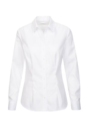 Witte langharige shirt gemaakt van katoen. Getailleerd ontwerp met een gespreide kraag en knoopsluiting aan de voorkant. Gladde textuur, geen patronen of accenten.