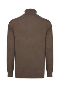 Brauner Pullover mit hohem Rippkragen und langen Ärmeln. Hergestellt aus einem weichen, strukturierten Stoff mit einer figurbetonten Passform.