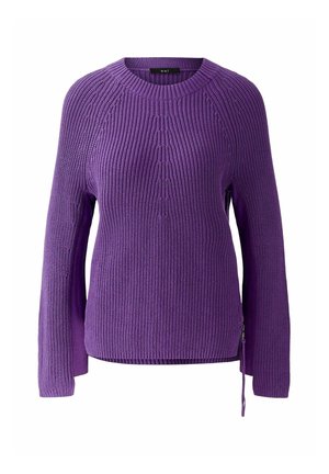 Lila gestrickter Pullover mit Rundhalsausschnitt, langen Ärmeln, gerippter Textur und seitlichem Kordelzug für eine verstellbare Passform.