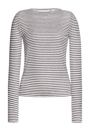 Camicia a maniche lunghe in morbido tessuto con una base bianca e sottili righe orizzontali nere. Collo rotondo, design elegante e silhouette aderente.