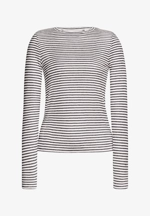 Langarmshirt van zachte stof met een witte basis en dunne zwarte horizontale strepen. Ronde hals, slank design en getailleerde pasvorm.