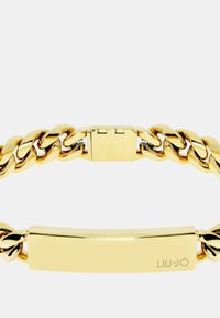 Bracciale in oro con grandi anelli, caratterizzato da un centro rettangolare piatto inciso con "LIU·JO". Finitura metallica e texture liscia.
