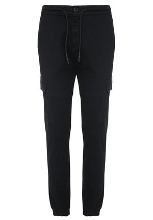 Zwarte cargobroek van stof, met een trekkoord in de taille, twee zijzakken en taps toelopende enkels. Glad textuur, praktische uitstraling.