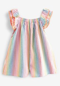 Gestript kinderrompertje met levendige pastelkleuren, geschulpte schouderaccenten en een lichtgewicht, gestructureerde stof.