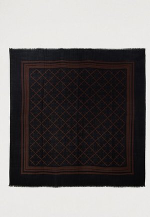 Black patterned scarf featuring a brown geometric design with a fringed edge, textile material, and a square shape.