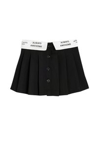 Schwarzer, plissierter Rock mit einem weißen elastischen Taillebund, der den Text "ALWAYS AWESOME" trägt, fünf schwarzen Knöpfen vorne und einer glatten Textur.