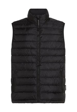 Vesta pufă neagră, fără mâneci, cu guler înalt, design matlasat vertical, fermoar frontal complet și două buzunare laterale.
