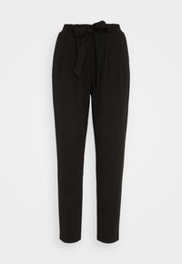 Pantalon noir fuselé avec une texture douce, doté d'une taille haute élastique, d'une ceinture à nouer et de plis pour un look ajusté.