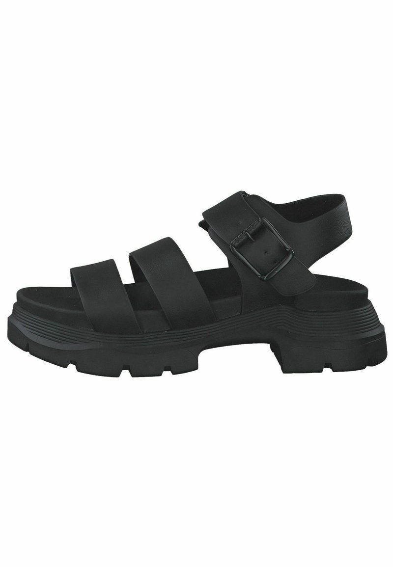 Sandalia negra con correas gruesas, hebilla ajustable y suela texturizada. Presenta una plataforma gruesa con acentos estriados para mayor agarre.