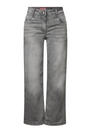 Szare dżinsy typu wide-leg z wyblakłym wykończeniem, klasyczny pięciotowarowy design oraz zapięcie na guzik w talii.
