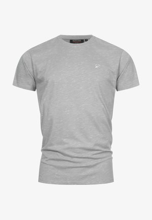 Tricou gri cu mânecă scurtă, confecționat dintr-un material moale. Prezintă un logo subtil pe piept și un decolteu clasic în formă de cerc.