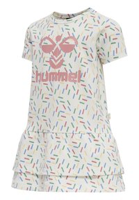 Kurzarmkleid aus leichtem cremefarbenen Stoff, mit buntem Streumuster und schichtversäubertem Saum, vorne mit pinkfarbigem Logo.