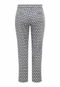 Sort-hvide mønstrede slim-fit bukser med høj talje og baglommer, vist bagfra på en hvid baggrund.