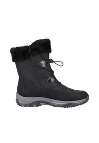 Black waterproof winter boot with faux fur trim, textured upper, side zipper, and lace detail. Thick rubber sole for traction.