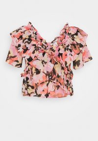 Blomstret top i pink, orange og brune nuancer. Har en flæsekrave og flæsede ærmer, letvægtsstof og en afslappet pasform.