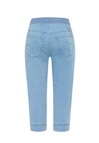 Hellblaue Denim-Caprihosen mit einem gerippten Bund, ausgestattet mit zwei Gesäßtaschen und einem sauberen Abschluss am Saum.