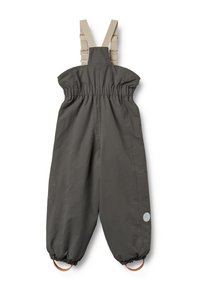 Dunkelgrauer wasserdichter Overall mit breiten elastischen Bündchen und verstellbaren beigen Schulterträgern. Verfügt über ein rundes Logo-Detail an der Seite.