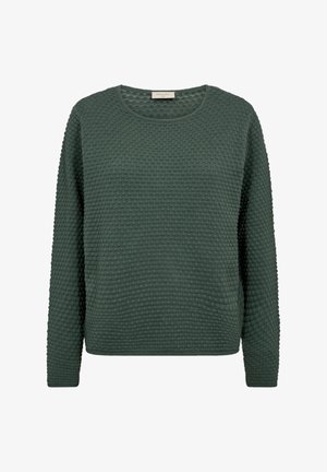 Groene gebreide trui met een gestructureerd, bubbeltjespatroon, een ronde hals en lange mouwen. Geen zichtbare merknaam of accenten.