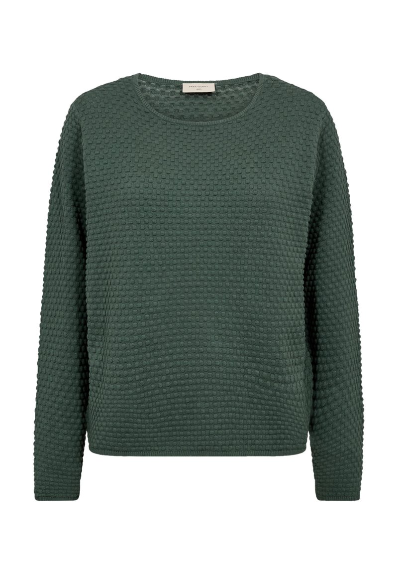 Groene gebreide trui met een gestructureerd, bubbeltjespatroon, een ronde hals en lange mouwen. Geen zichtbare merknaam of accenten.