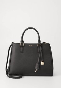 Sac à main structuré noir en matériau synthétique lisse, accents en métal doré, double poignée supérieure, bandoulière amovible et détail de cadenas.