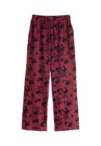 Piros kockás nadrág fekete virágmintával, elasztikus derékpánttal és bő szárú kialakítással, könnyű anyagból készült.